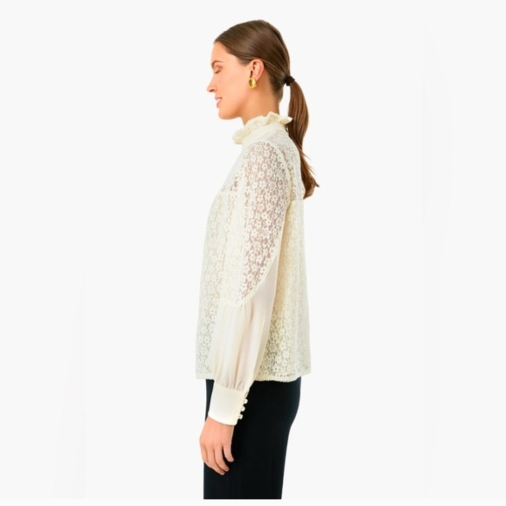Tuckernuck High Neck Long Sleeve Cream Lace Rosalee Blouse XL - Picture 11 of 12